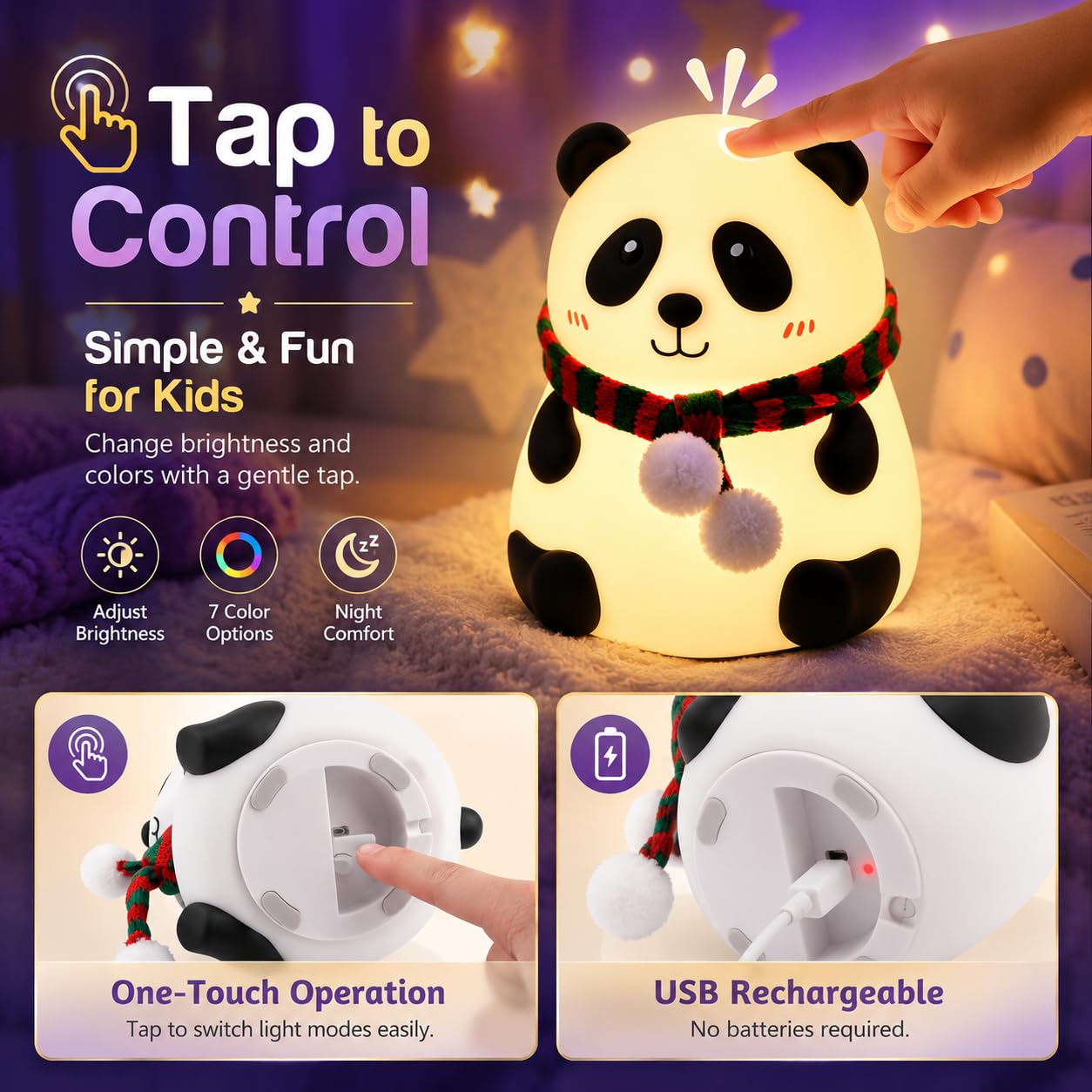Panda 7-Color LED Silicone Touch Lamp with Rechargeable Night light