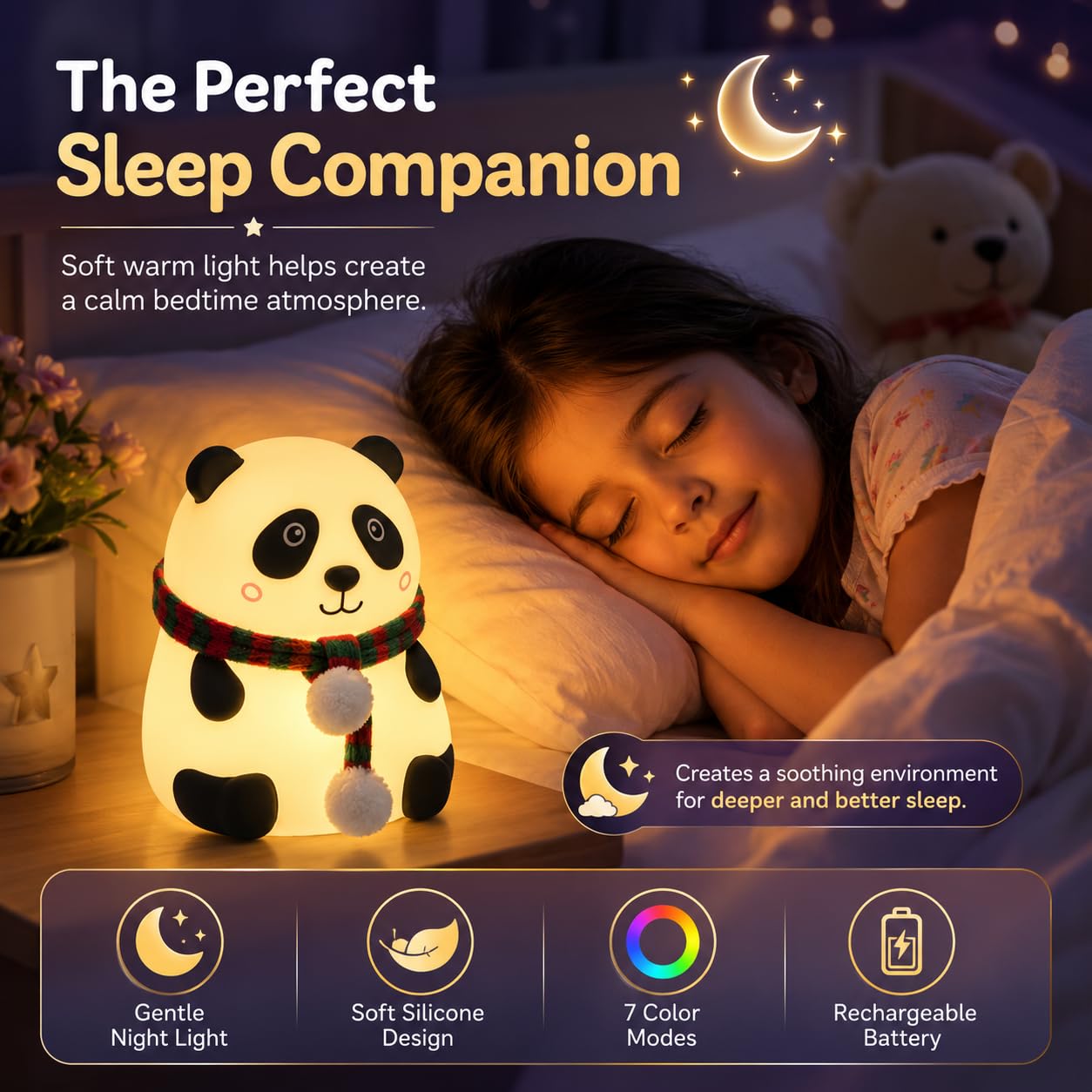 Panda 7-Color LED Silicone Touch Lamp with Rechargeable Night light