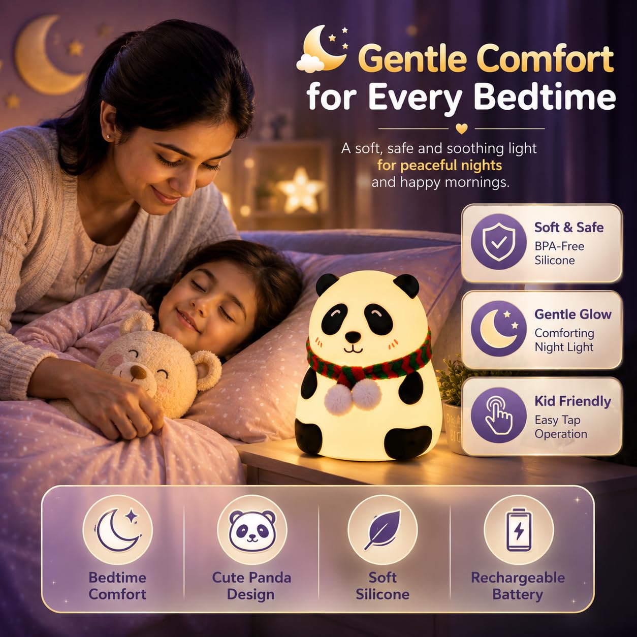 Panda 7-Color LED Silicone Touch Lamp with Rechargeable Night light