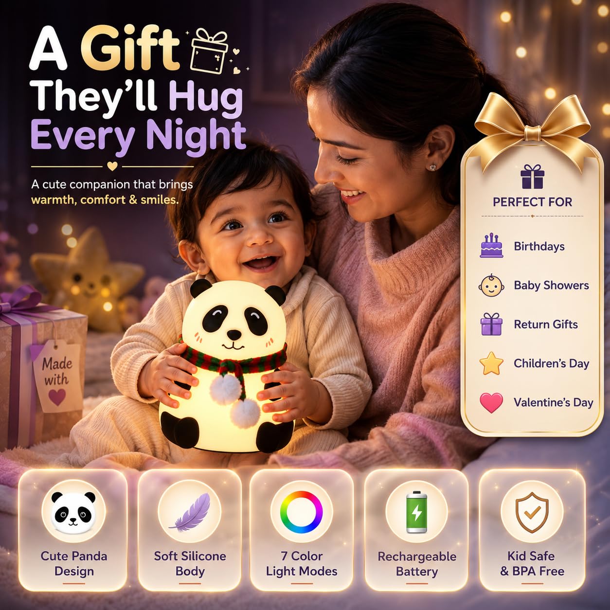 Panda 7-Color LED Silicone Touch Lamp with Rechargeable Night light